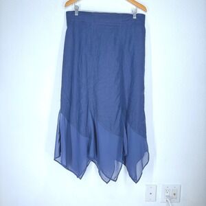 Chicos Navy Linen Handkerchief Sheer Hem Midi Skirt Large Coastal Minimalist